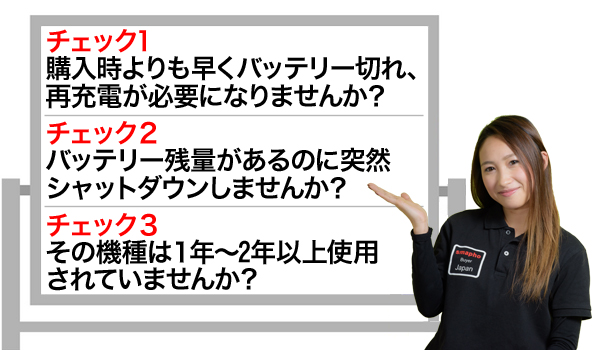 こんな状態ならiPhoneのバッテリー交換が必要です。チェック1・購入時よりもバッテリーが早く切れて再充電が必要じゃないですか?チェック2・バッテリー残量があるのに、突然シャットダウンしませんか?チェック3・今お使いの機種は1~2年以上ご使用されていませんか?
